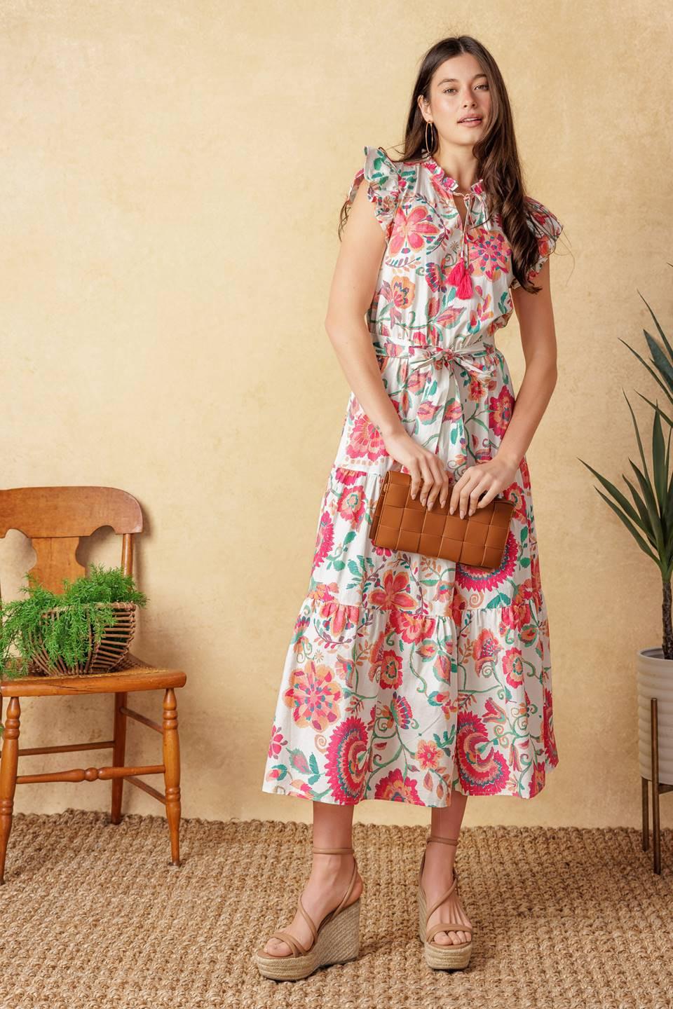 Bright Moments Woven Midi Dress in ivory pink floral, view 6 — Soul Flow Apparel