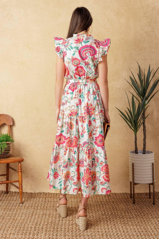 Bright Moments Woven Midi Dress in ivory pink floral, view 8 — Soul Flow Apparel