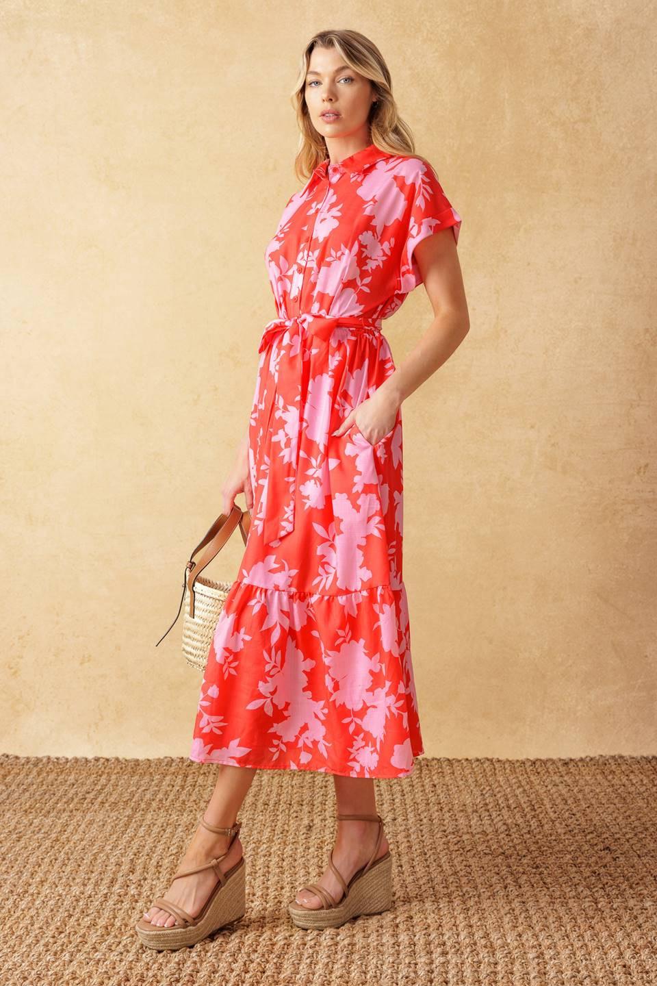 Make It Count Woven Midi Dress in red pink, view 3 — Soul Flow Apparel