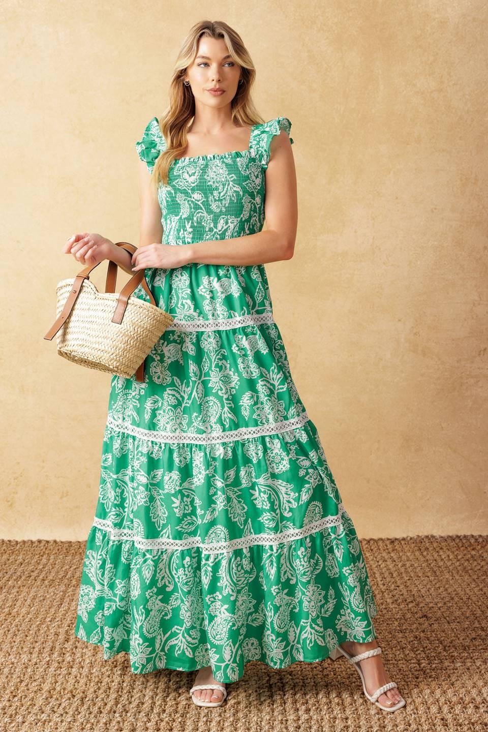 Moment in Time Woven Maxi Dress in green white, view 1 — Soul Flow Apparel