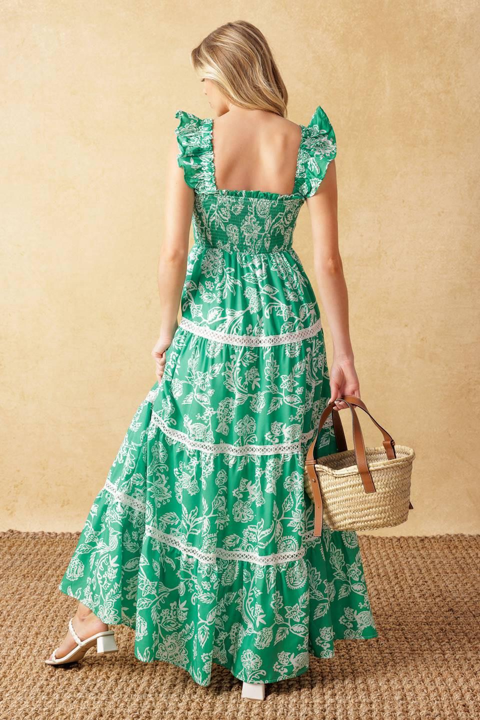 Moment in Time Woven Maxi Dress in green white, view 5 — Soul Flow Apparel