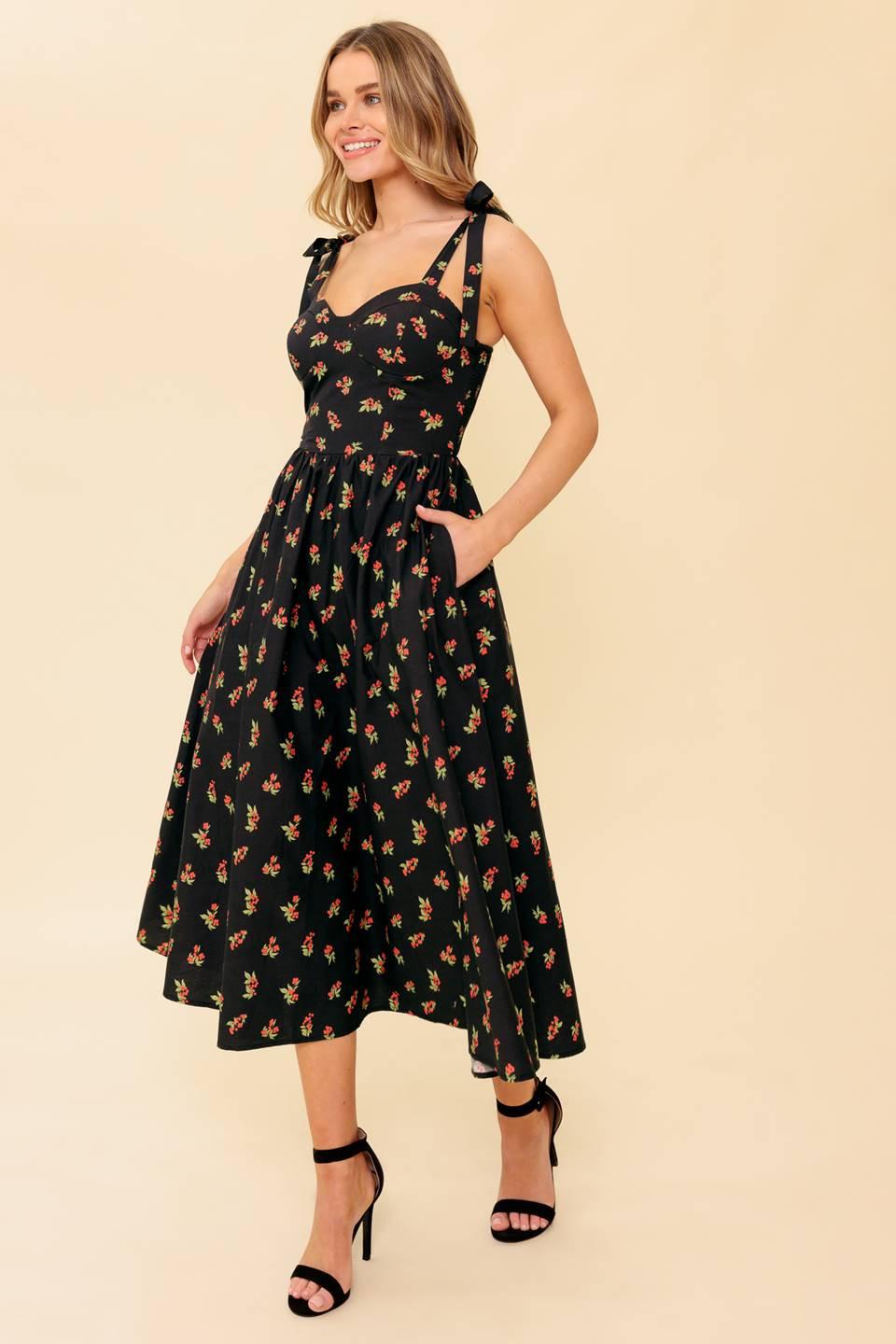 Enchanting Moments Woven Mdi Dress in black red, view 1 — Soul Flow Apparel