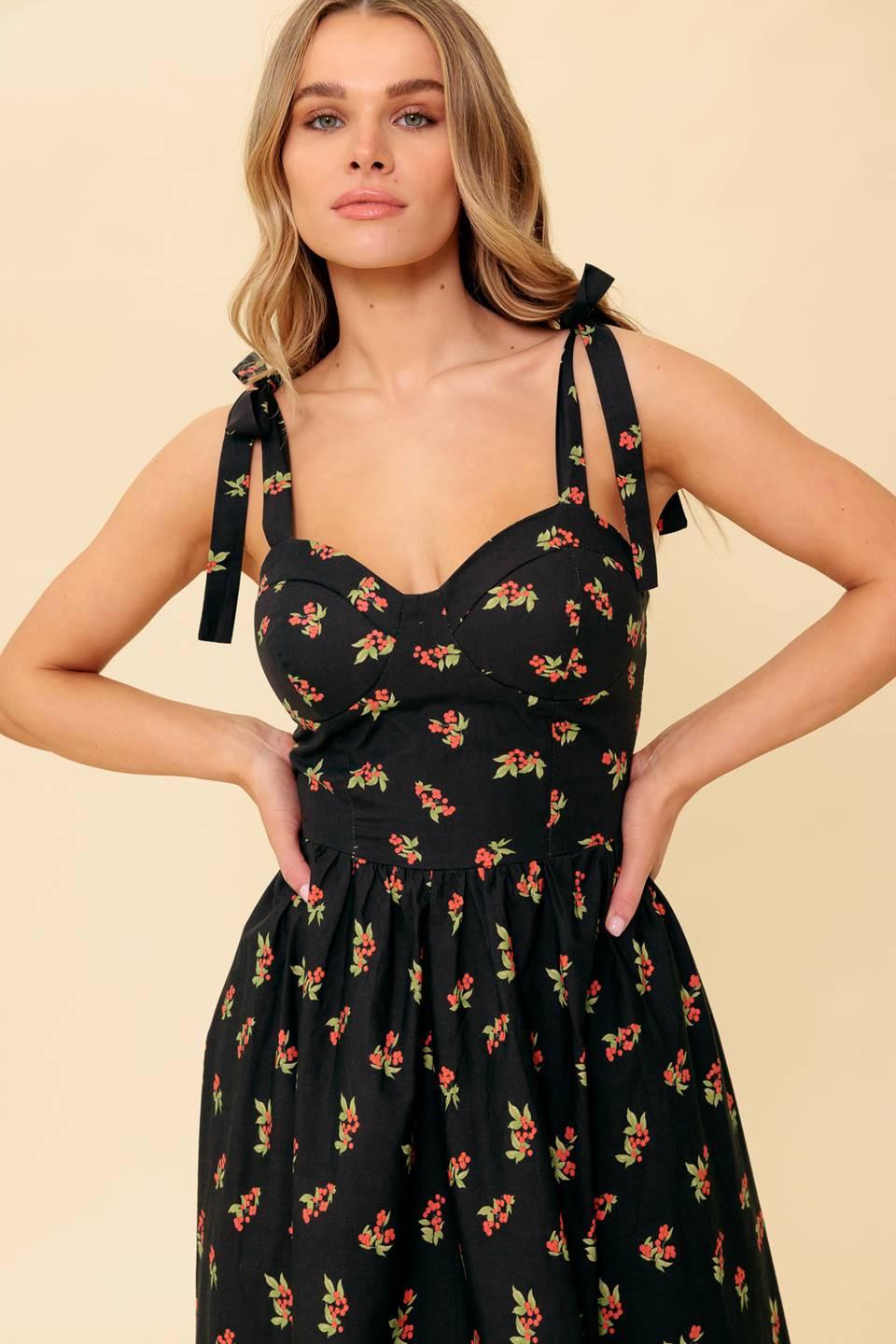 Enchanting Moments Woven Mdi Dress in black red, view 2 — Soul Flow Apparel