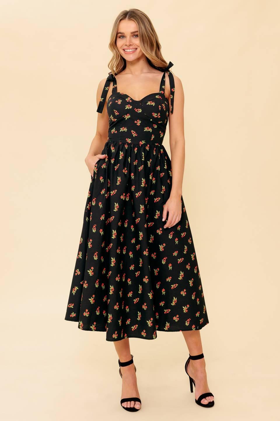 Enchanting Moments Woven Mdi Dress in black red, view 3 — Soul Flow Apparel