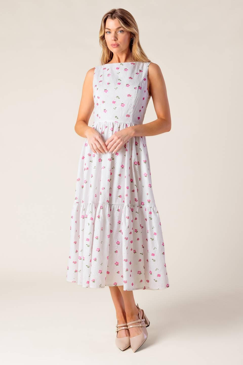 Thena Garden Party Woven Eyelet Midi Dress in white pink, view 1 — Soul Flow Apparel