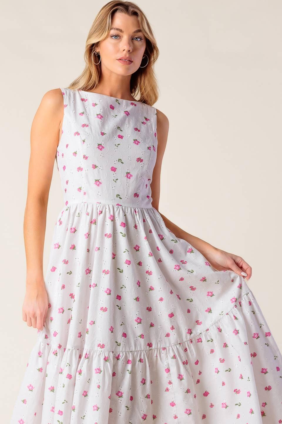 Thena Garden Party Woven Eyelet Midi Dress in white pink, view 2 — Soul Flow Apparel