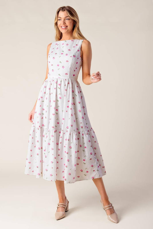 Thena Garden Party Woven Eyelet Midi Dress in white pink, view 3 — Soul Flow Apparel