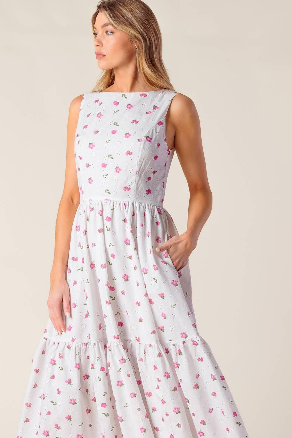 Thena Garden Party Woven Eyelet Midi Dress in white pink, view 4 — Soul Flow Apparel