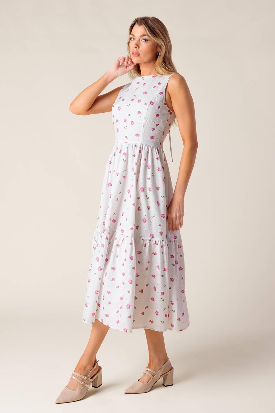 Thena Garden Party Woven Eyelet Midi Dress in white pink, view 5 — Soul Flow Apparel