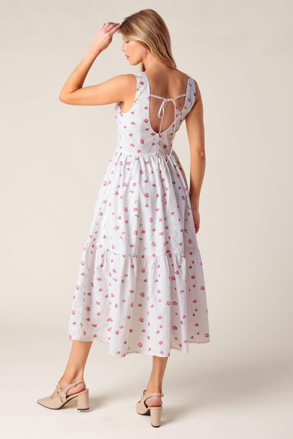 Thena Garden Party Woven Eyelet Midi Dress in white pink, view 6 — Soul Flow Apparel