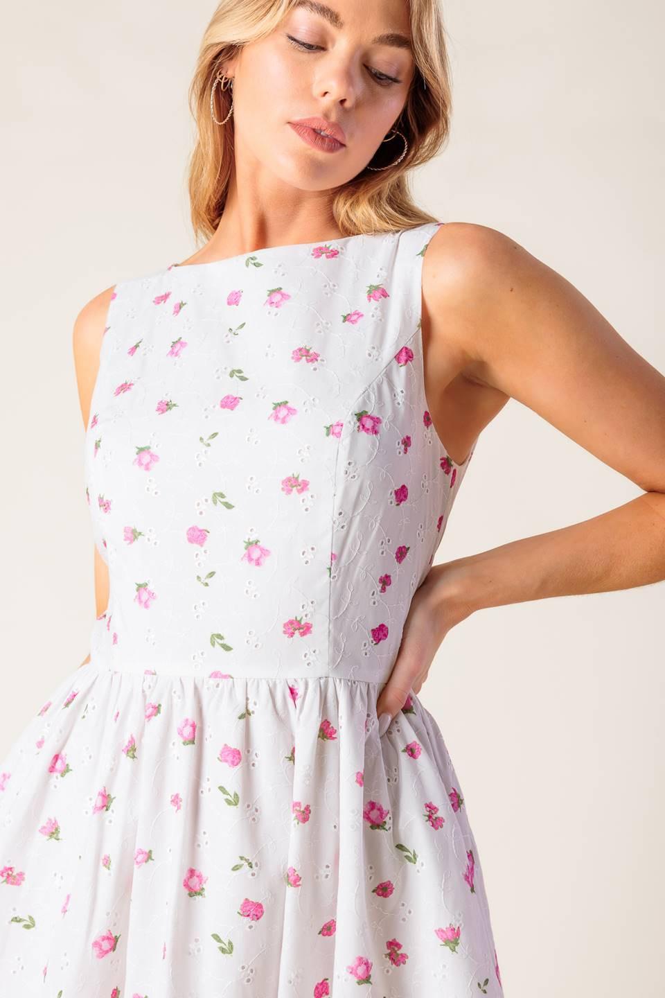 Thena Garden Party Woven Eyelet Midi Dress in white pink, view 7 — Soul Flow Apparel