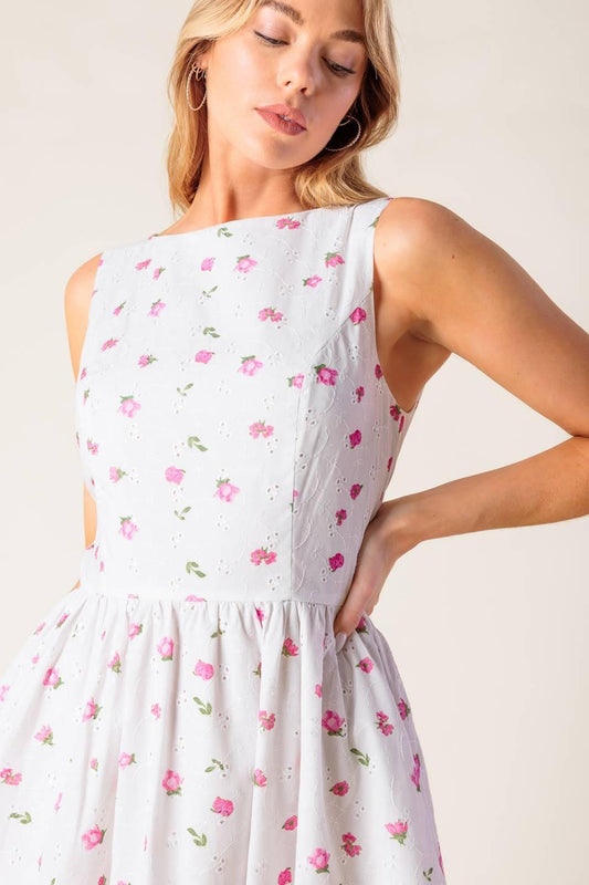 Thena Garden Party Woven Eyelet Midi Dress in white pink, view 7 — Soul Flow Apparel