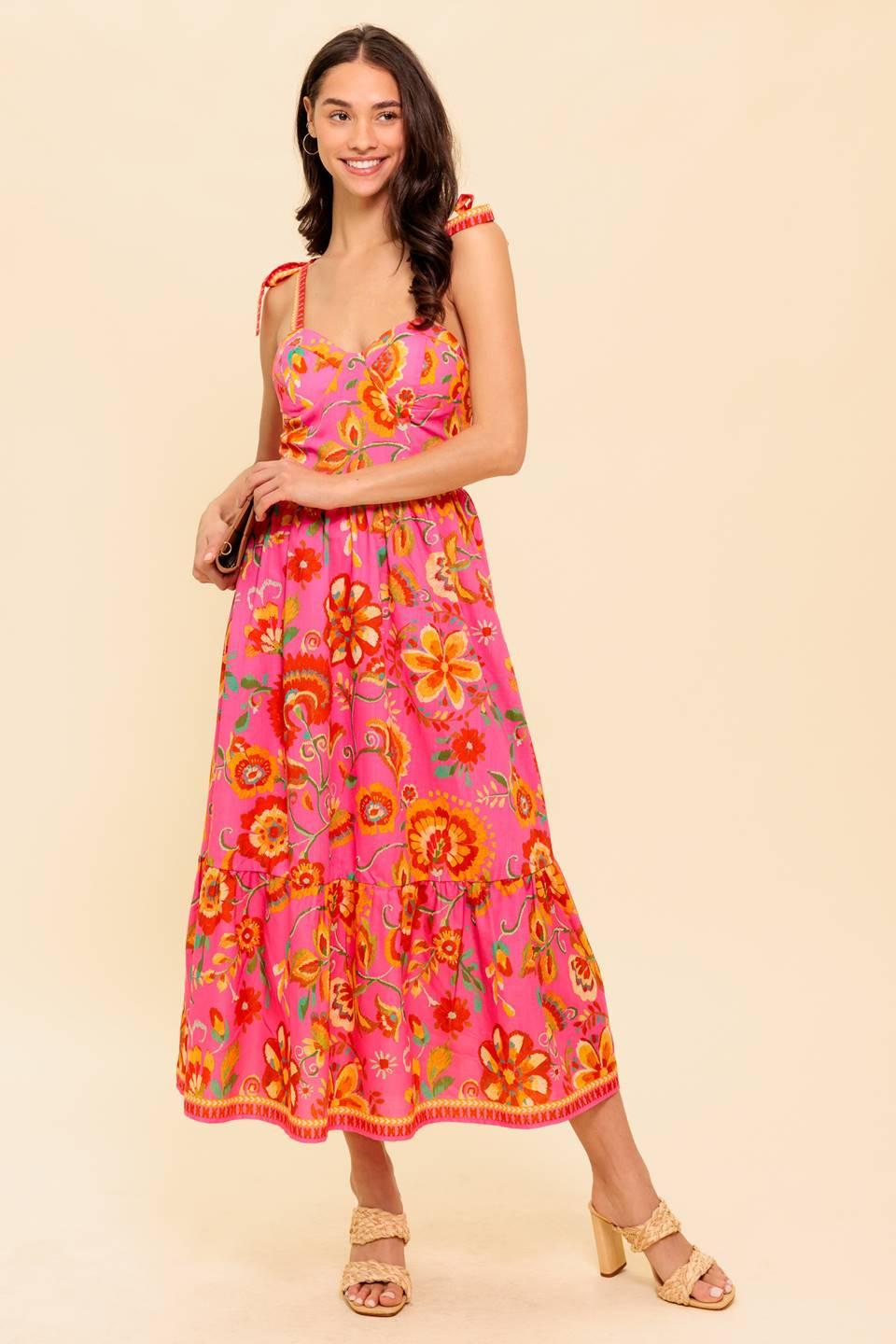 Garden Gathering Pink Woven Midi Dress in multi, view 1 — Soul Flow Apparel