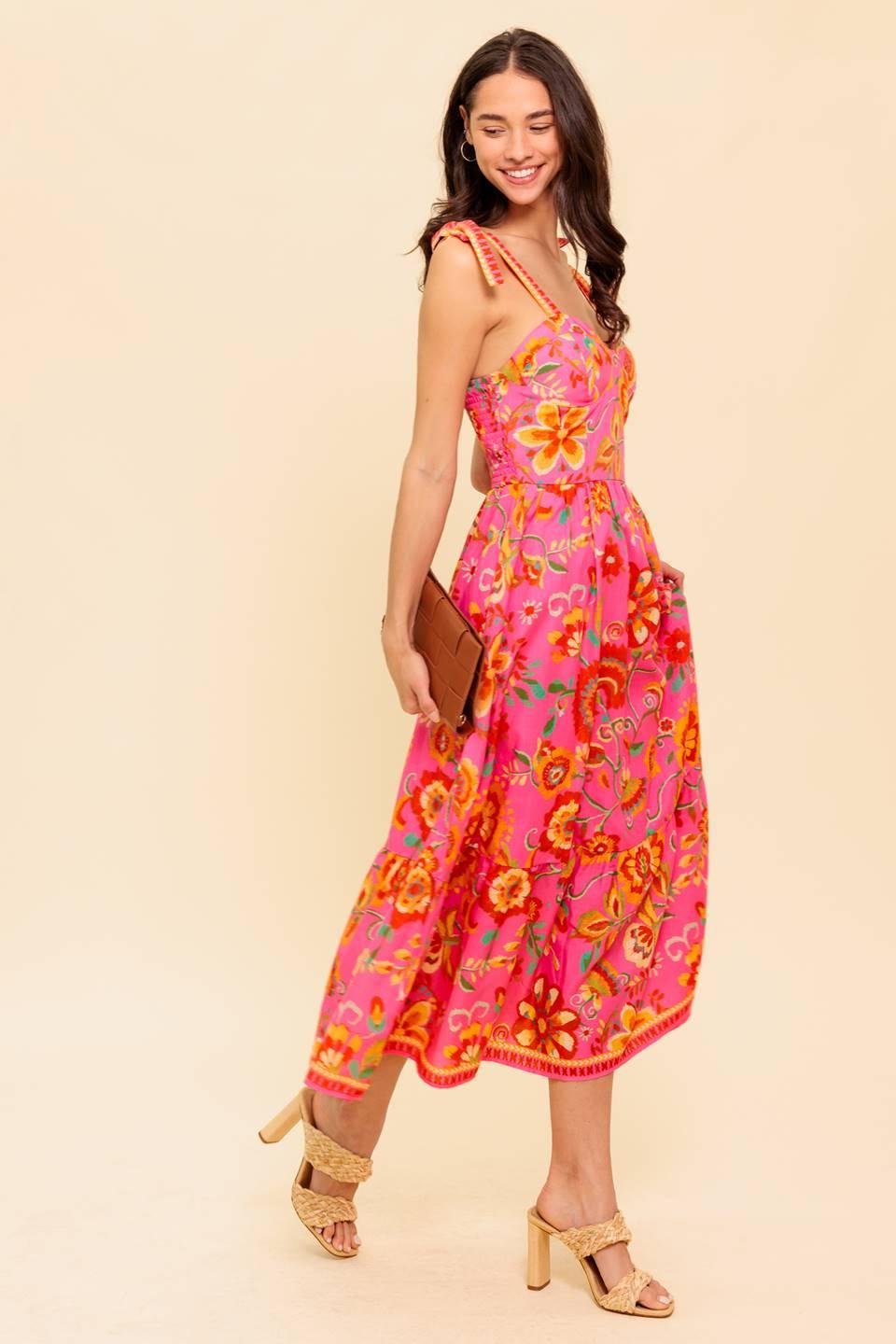 Garden Gathering Pink Woven Midi Dress in multi, view 3 — Soul Flow Apparel