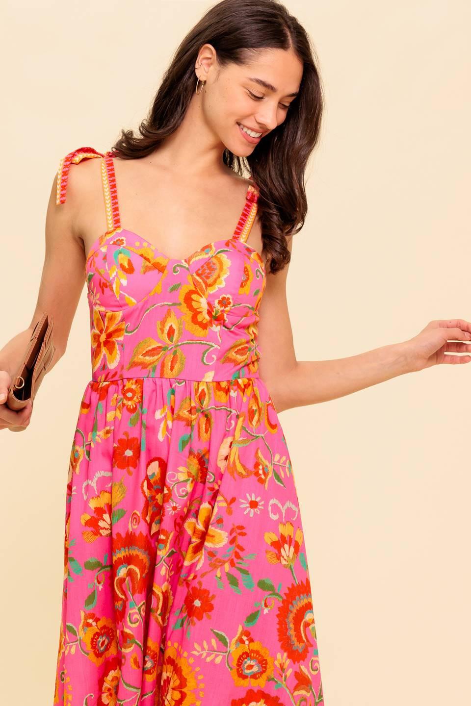 Garden Gathering Pink Woven Midi Dress in multi, view 4 — Soul Flow Apparel