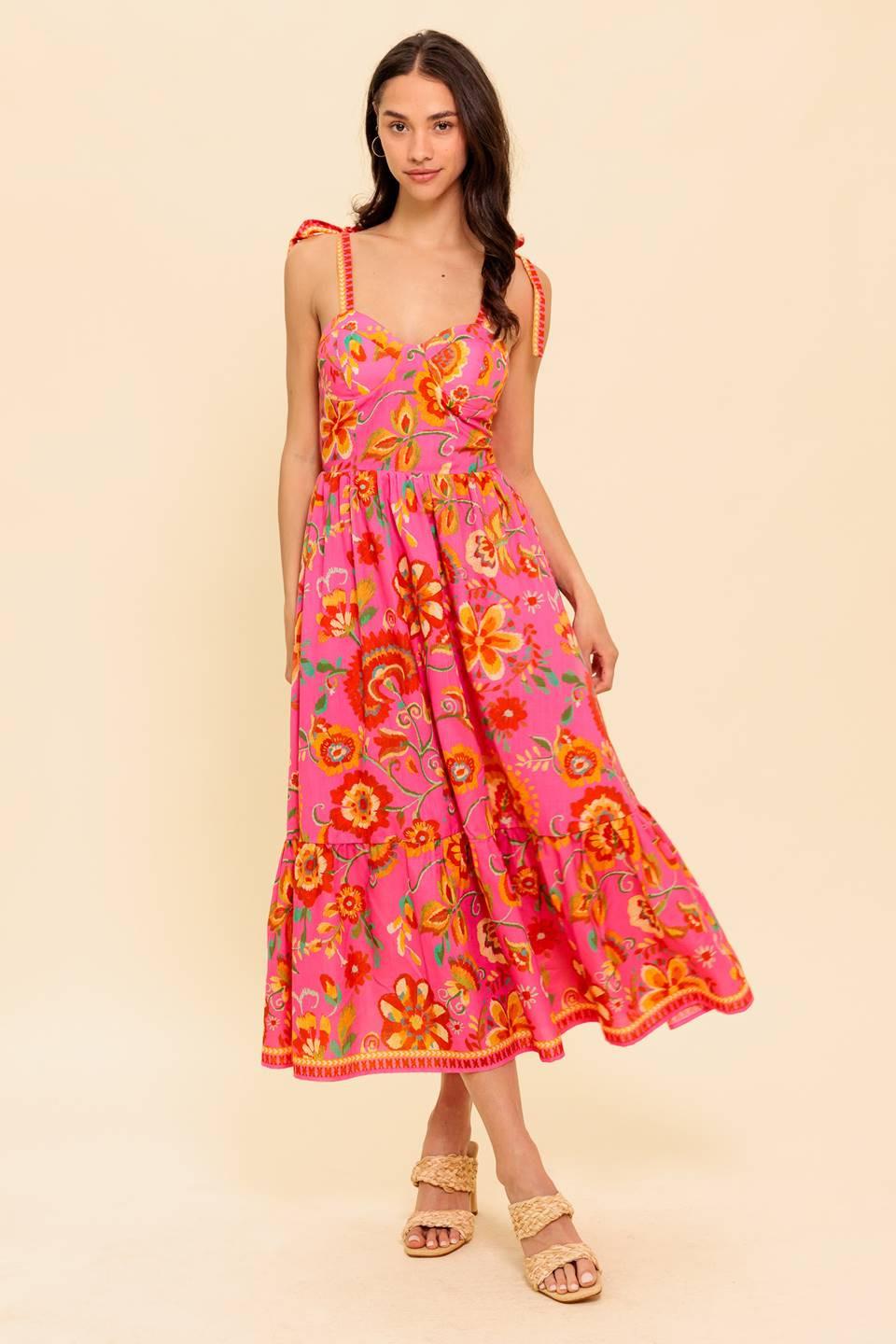 Garden Gathering Pink Woven Midi Dress in multi, view 5 — Soul Flow Apparel