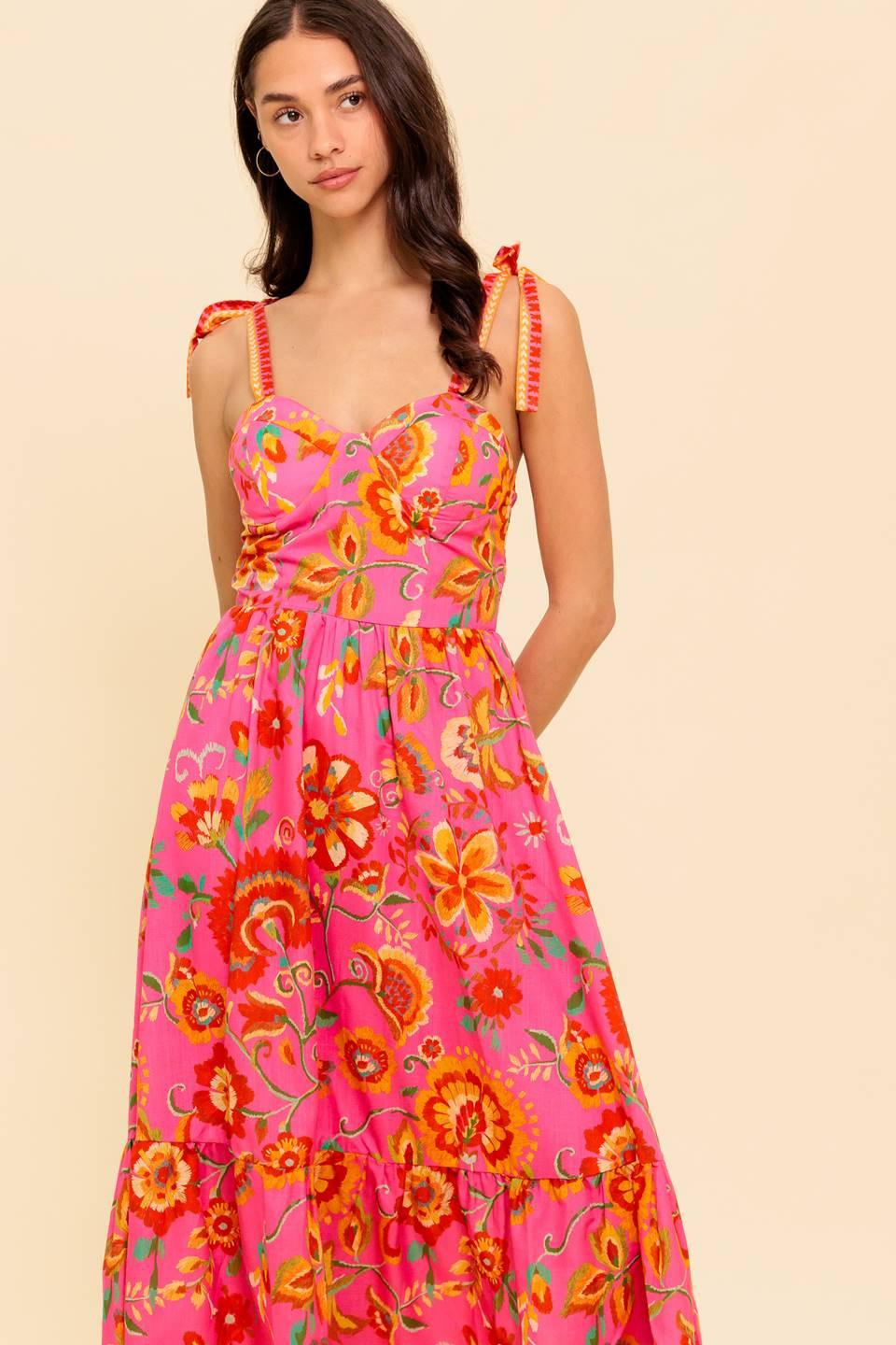 Garden Gathering Pink Woven Midi Dress in multi, view 6 — Soul Flow Apparel