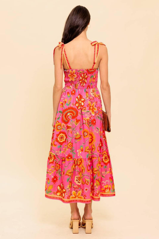 Garden Gathering Pink Woven Midi Dress in multi, view 7 — Soul Flow Apparel