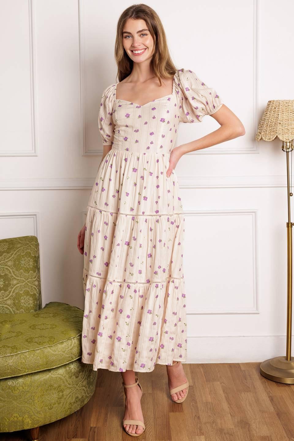 Sunset Gazing Woven Midi Dress in ivory lavender, view 1 — Soul Flow Apparel