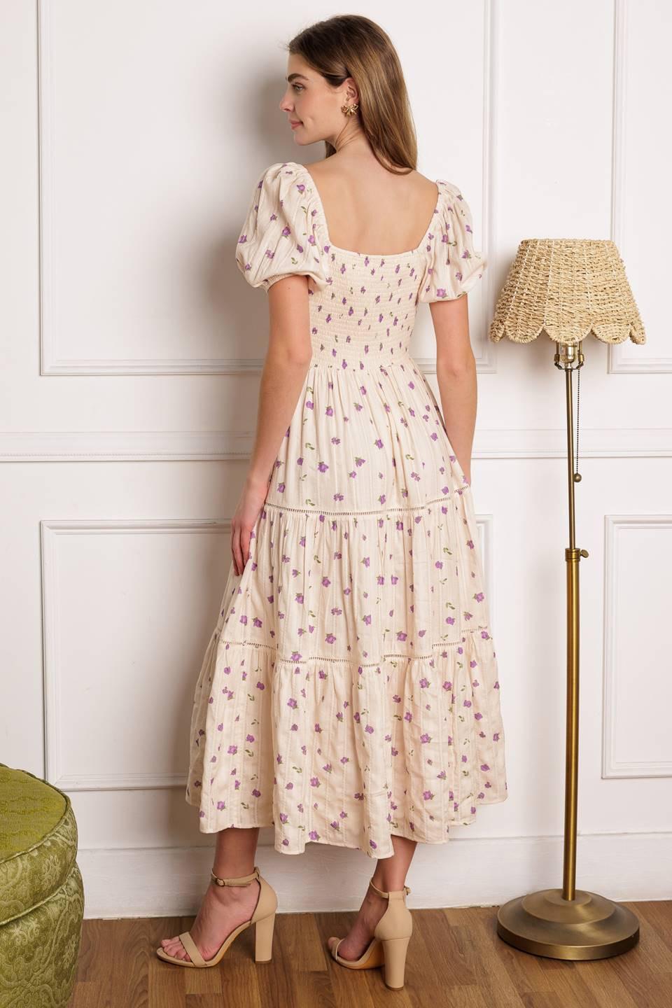Sunset Gazing Woven Midi Dress in ivory lavender, view 10 — Soul Flow Apparel