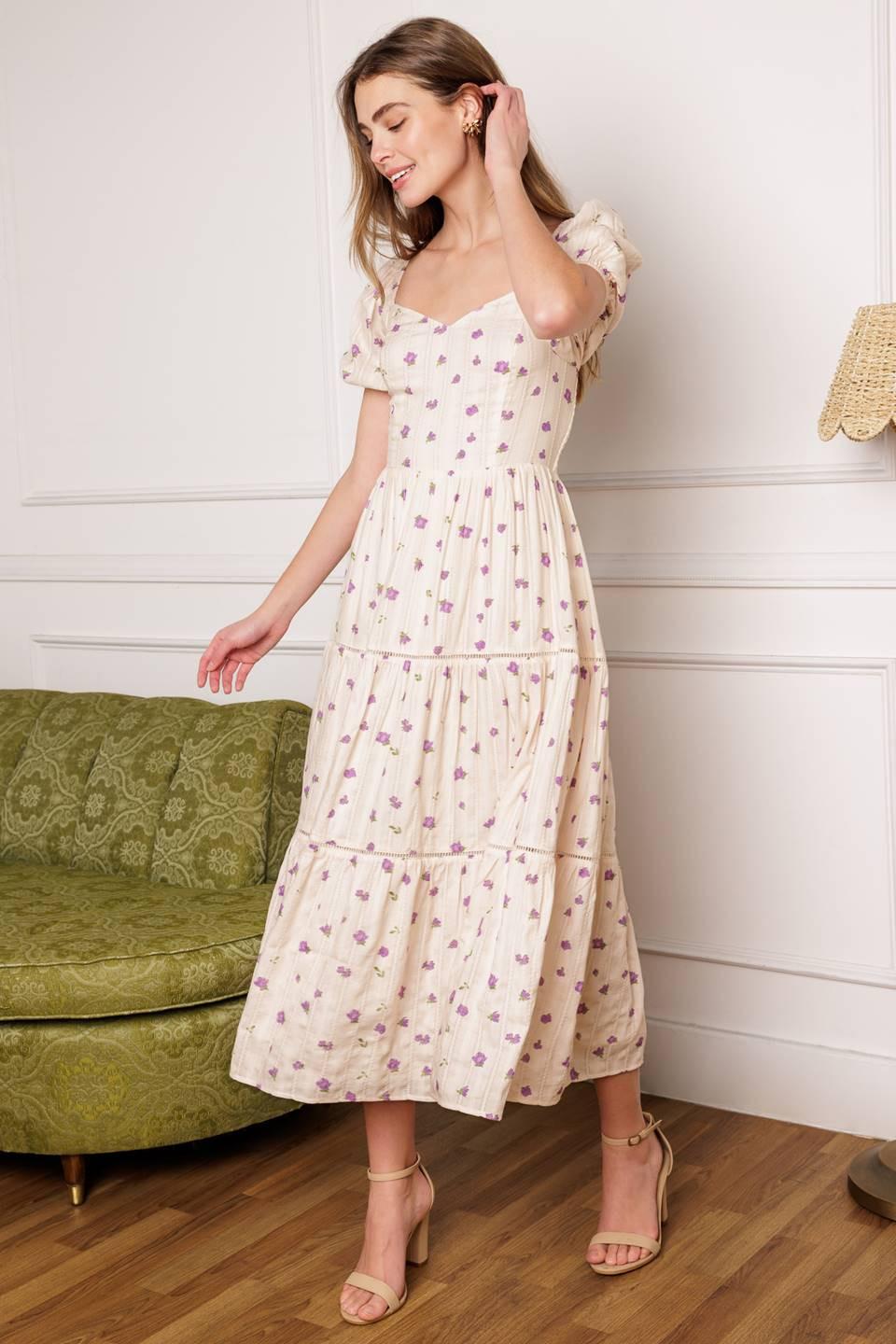 Sunset Gazing Woven Midi Dress in ivory lavender, view 2 — Soul Flow Apparel