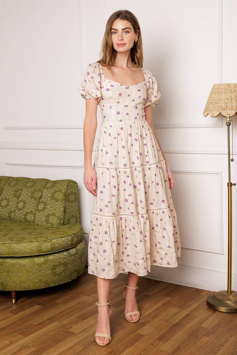 Sunset Gazing Woven Midi Dress in ivory lavender, view 3 — Soul Flow Apparel