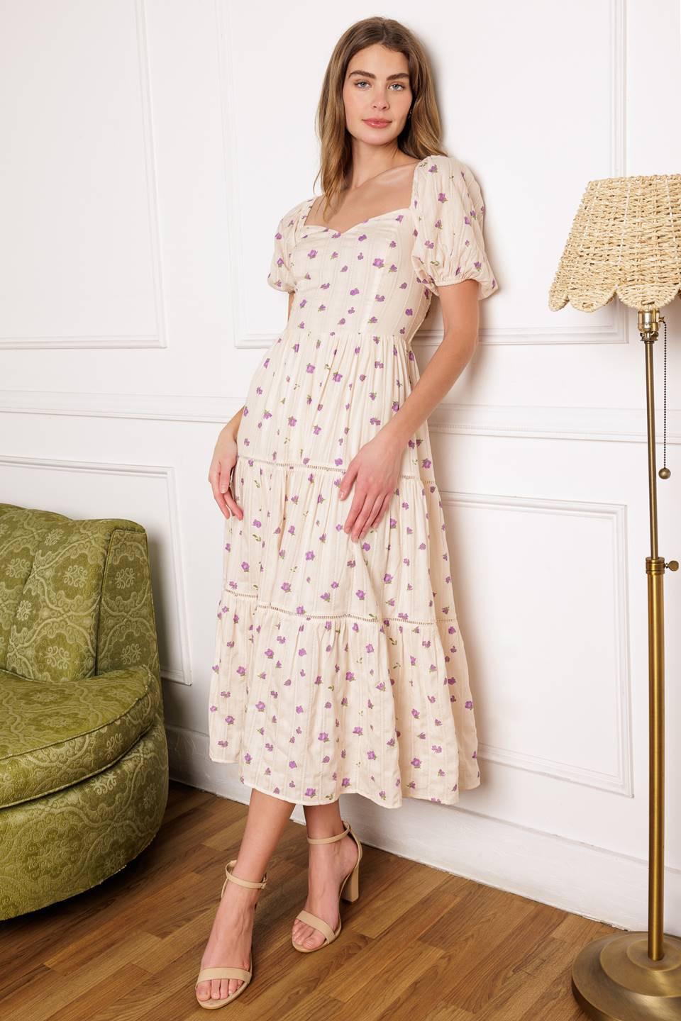 Sunset Gazing Woven Midi Dress in ivory lavender, view 5 — Soul Flow Apparel