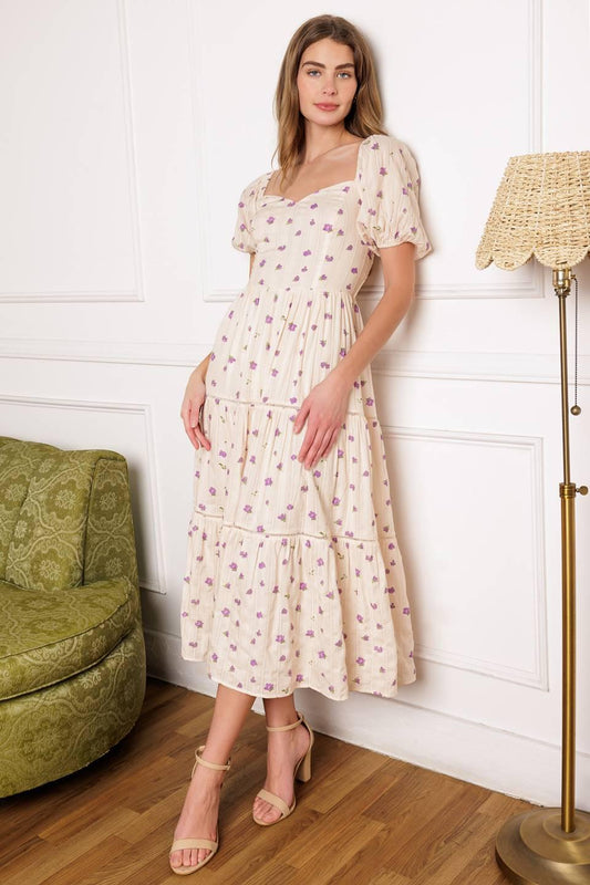 Sunset Gazing Woven Midi Dress in ivory lavender, view 5 — Soul Flow Apparel