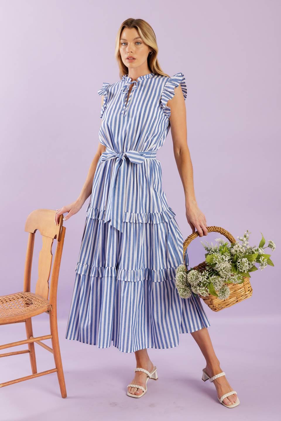 When Life Gives You Woven Midi Dress in blue white, view 1 — Soul Flow Apparel