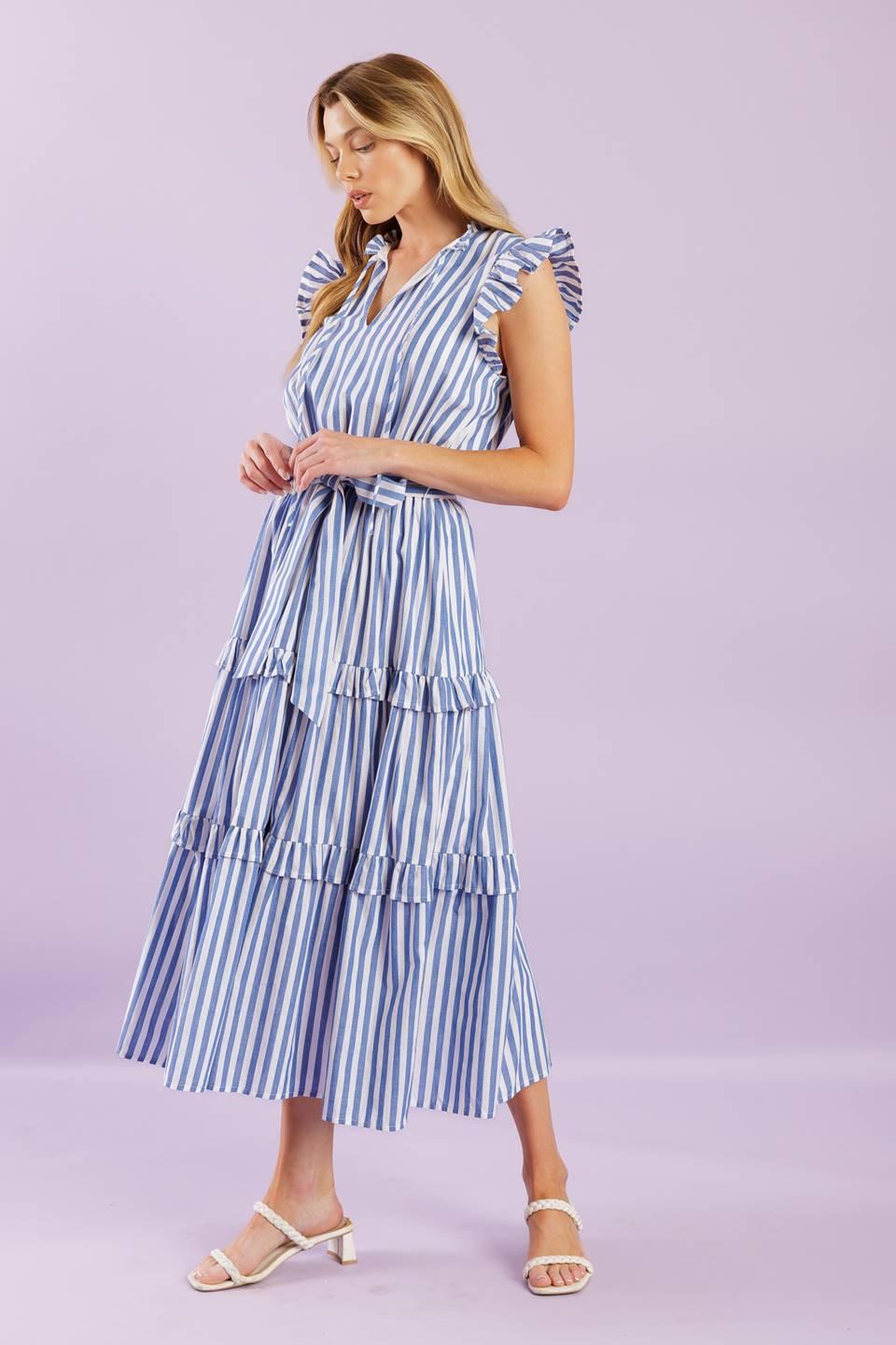 When Life Gives You Woven Midi Dress in blue white, view 3 — Soul Flow Apparel