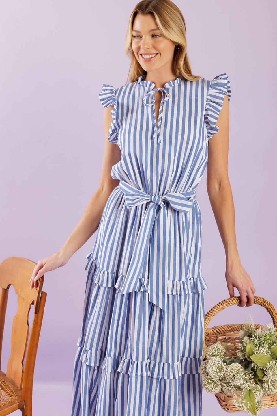 When Life Gives You Woven Midi Dress in blue white, view 4 — Soul Flow Apparel