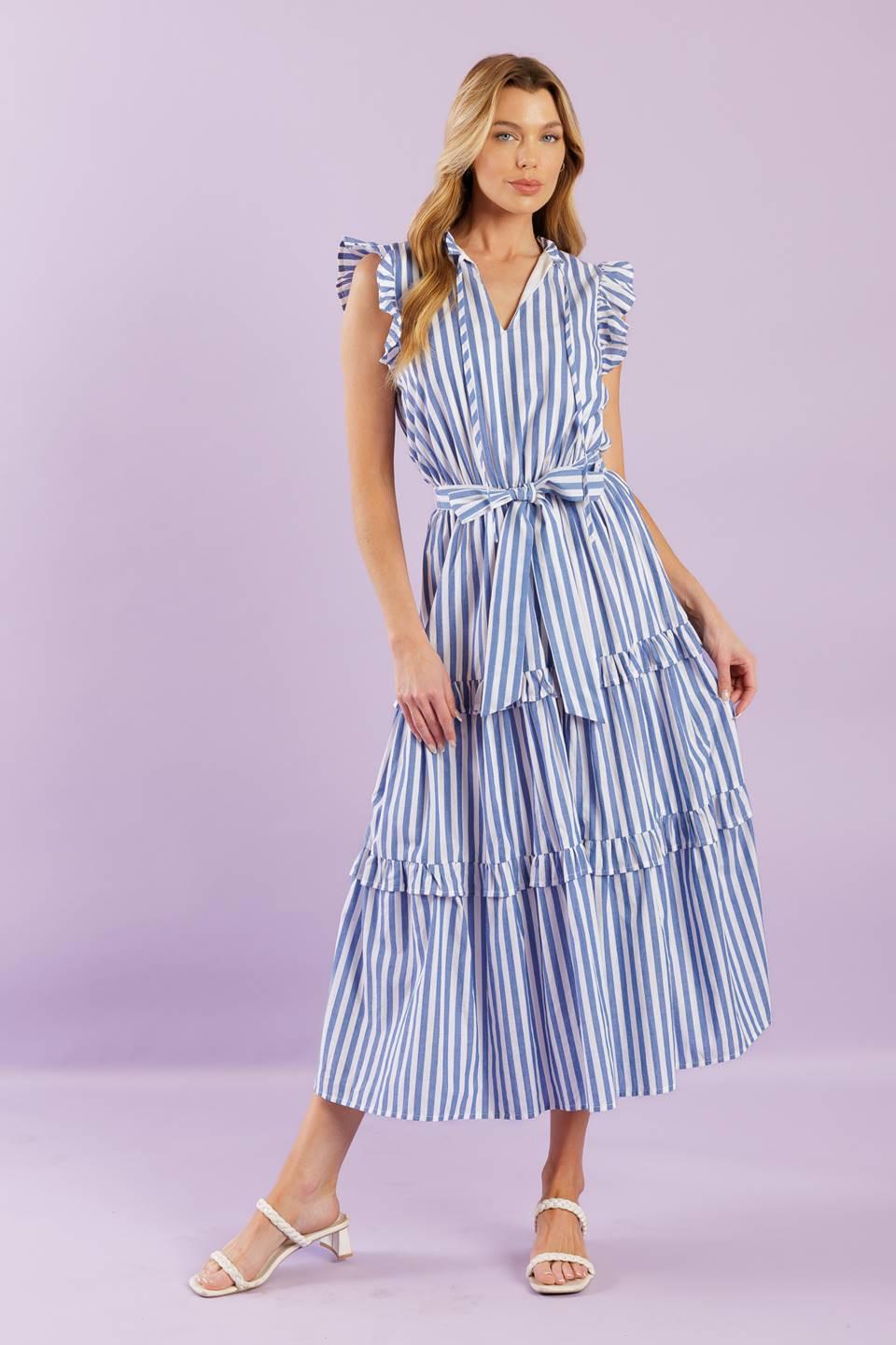 When Life Gives You Woven Midi Dress in blue white, view 5 — Soul Flow Apparel