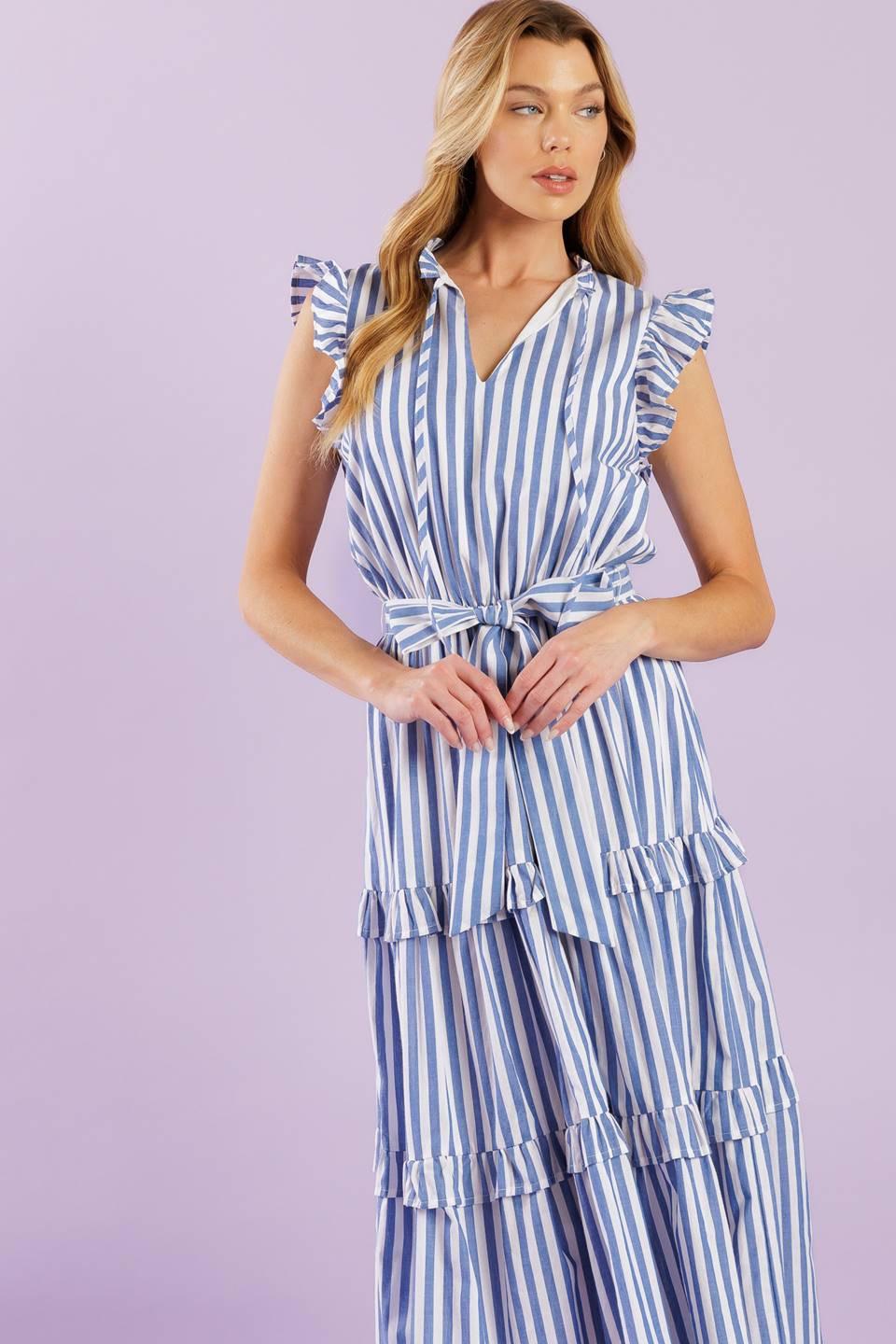 When Life Gives You Woven Midi Dress in blue white, view 7 — Soul Flow Apparel