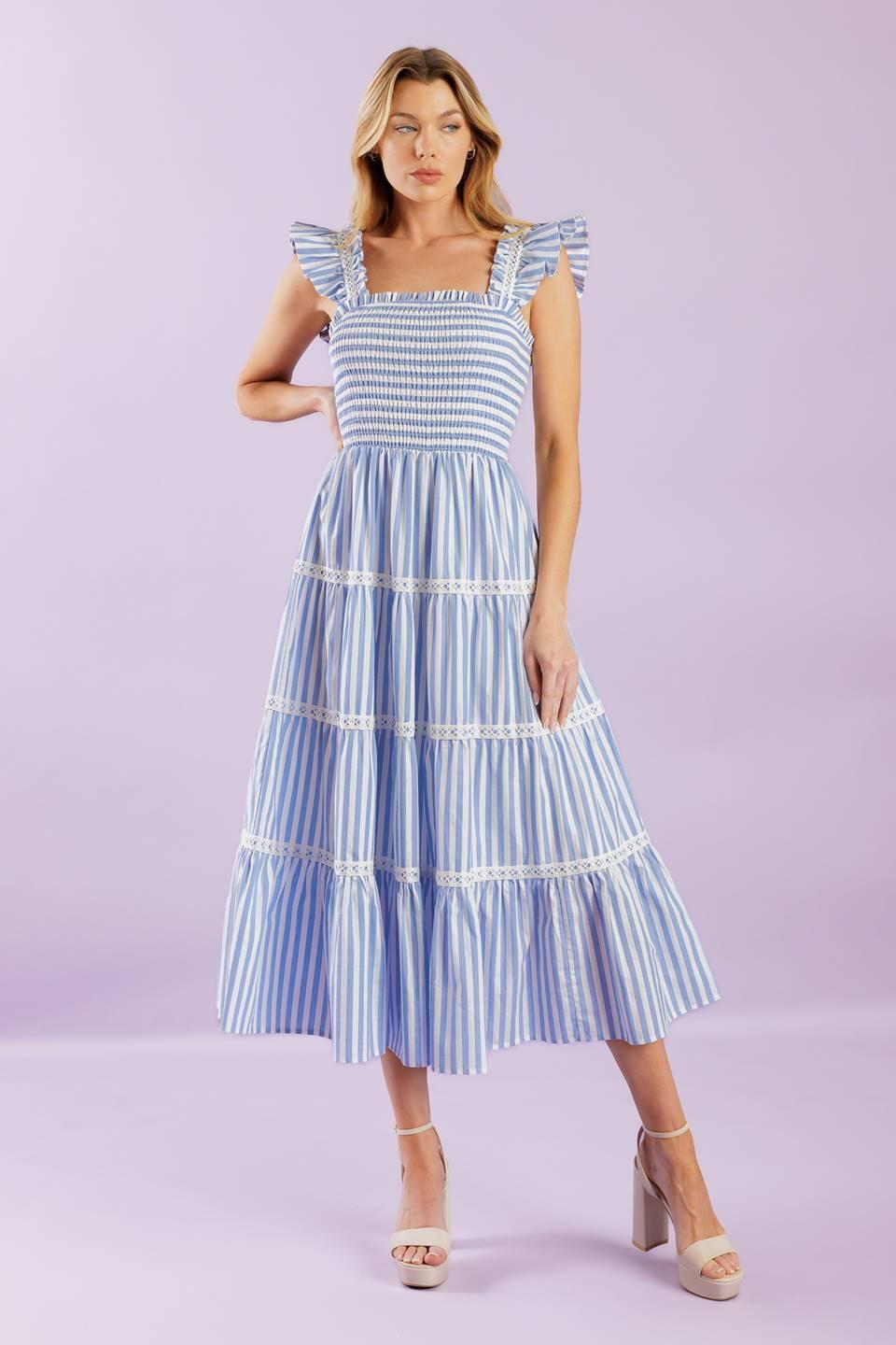 Swing of Things Woven Midi Dress in blue white, view 1 — Soul Flow Apparel