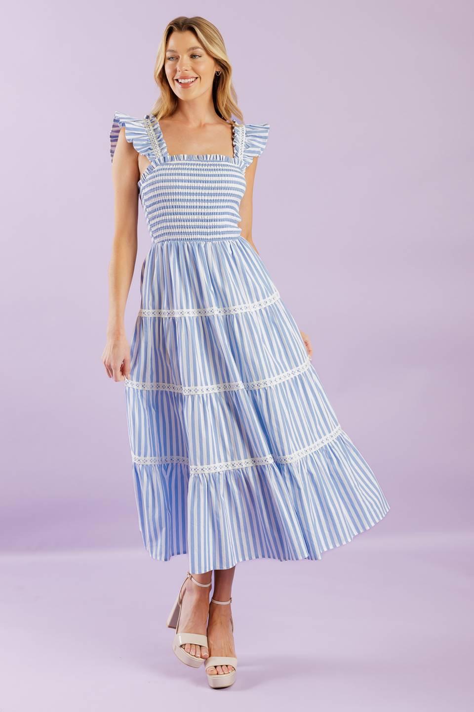 Swing of Things Woven Midi Dress in blue white, view 2 — Soul Flow Apparel
