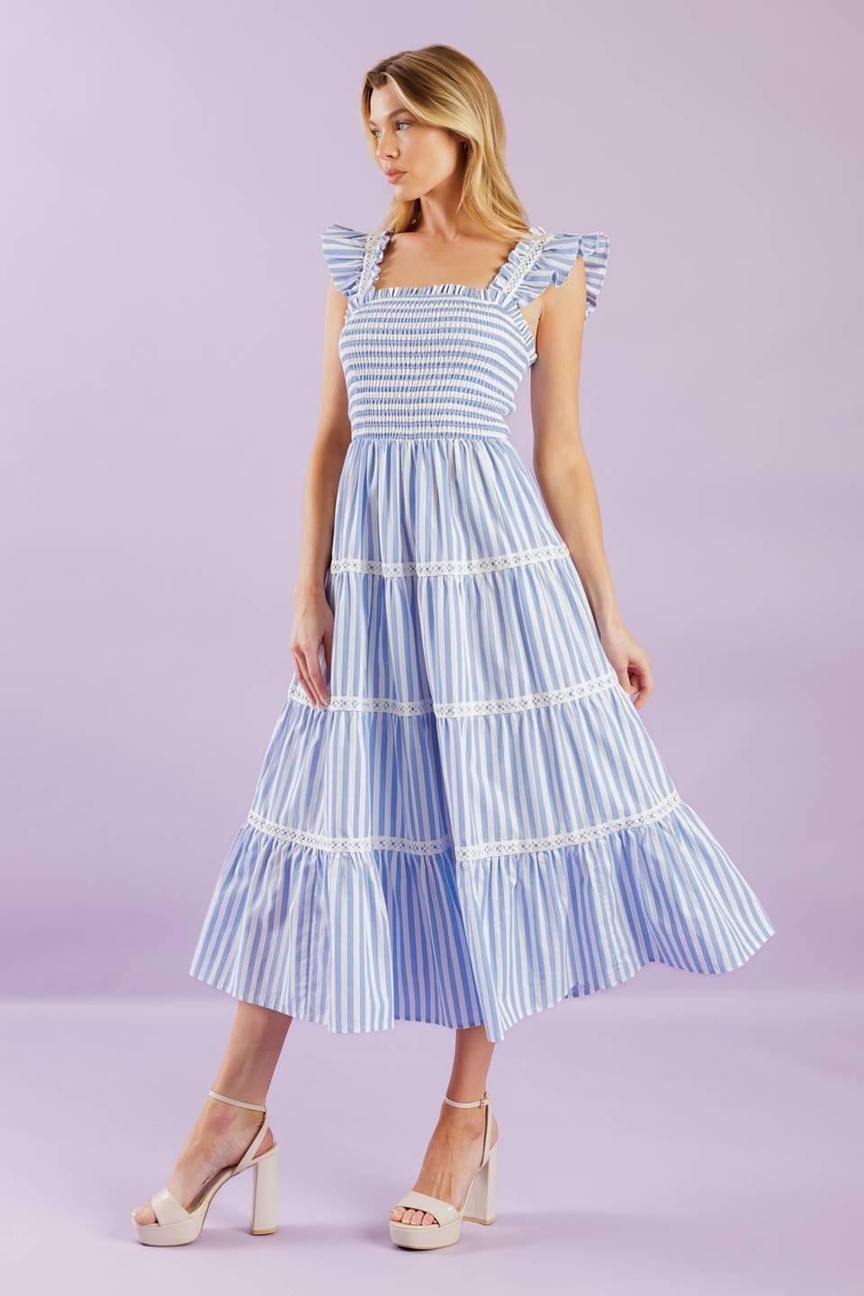 Swing of Things Woven Midi Dress in blue white, view 4 — Soul Flow Apparel