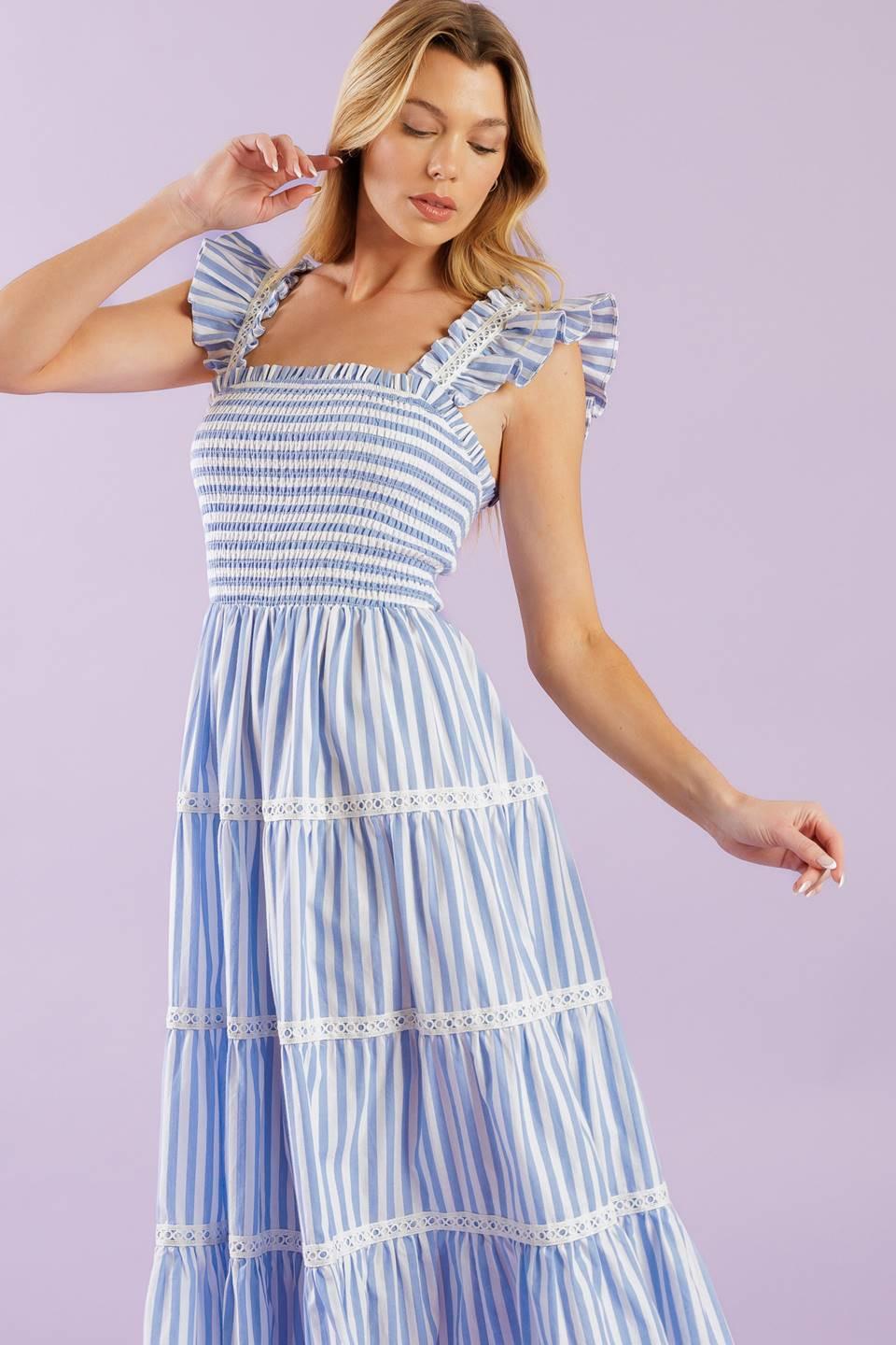 Swing of Things Woven Midi Dress in blue white, view 5 — Soul Flow Apparel