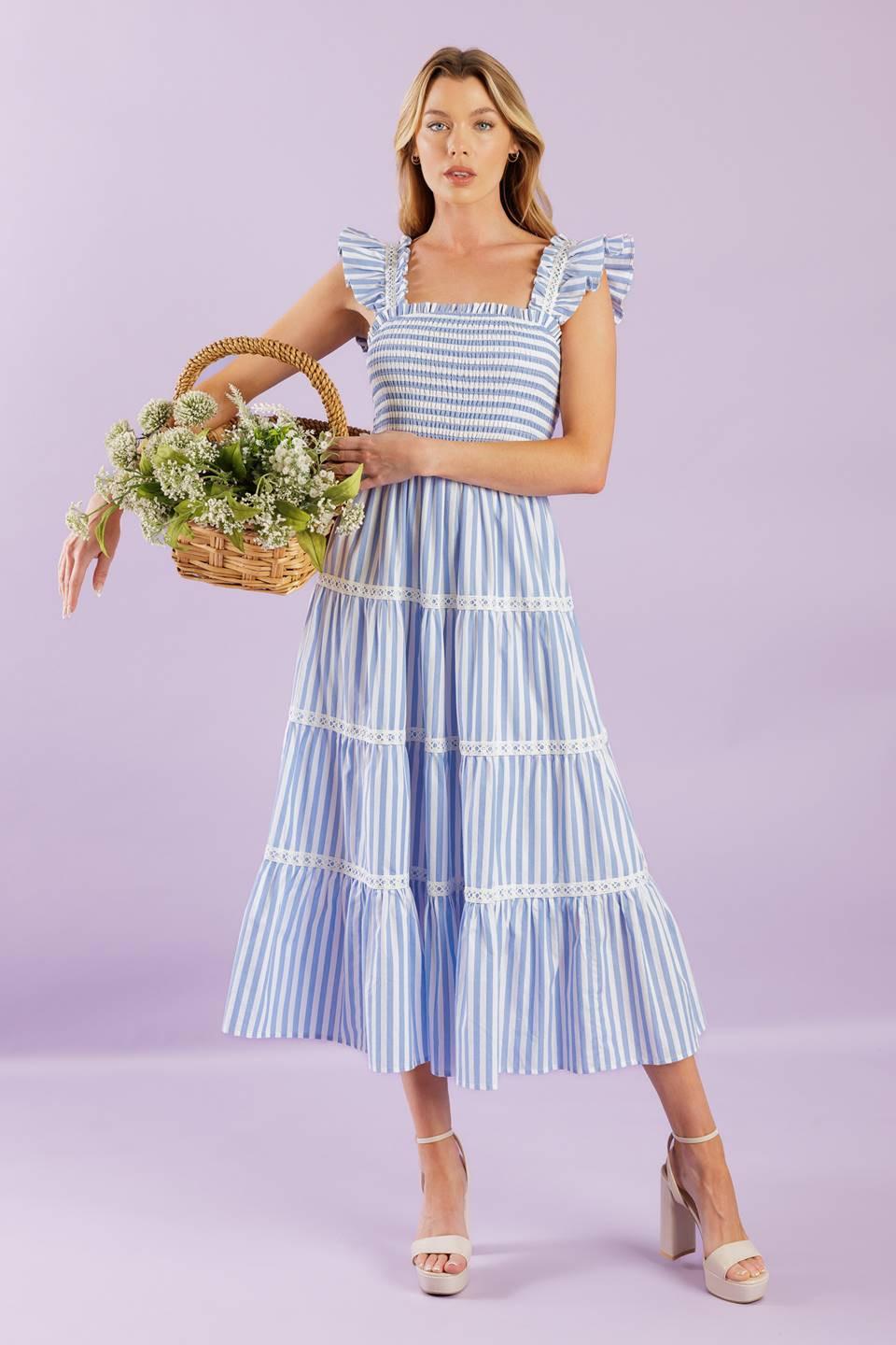 Swing of Things Woven Midi Dress in blue white, view 8 — Soul Flow Apparel