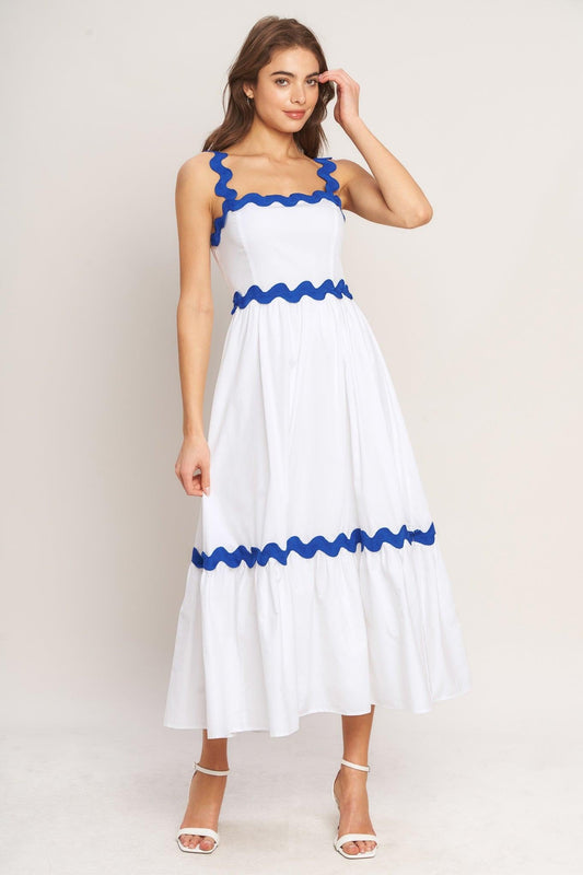 Santorini Waves Woven Midi Dress in white, view 3 — Soul Flow Apparel