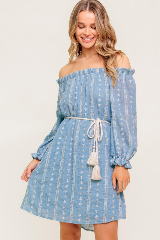 No More Cloudy Skies Woven Mini Dress in light denim, view 1 — Soul Flow Apparel