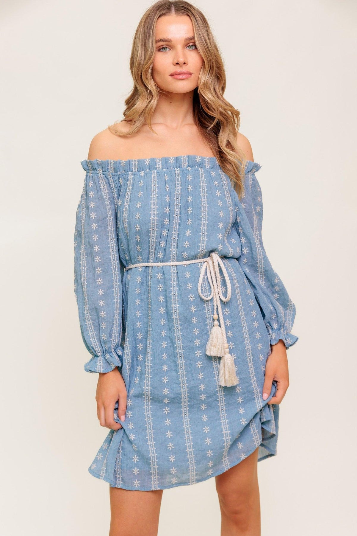 No More Cloudy Skies Woven Mini Dress in light denim, view 3 — Soul Flow Apparel