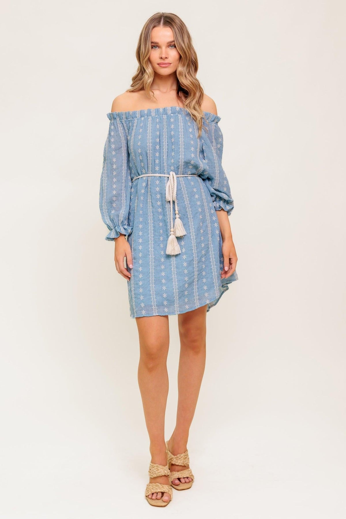 No More Cloudy Skies Woven Mini Dress in light denim, view 4 — Soul Flow Apparel