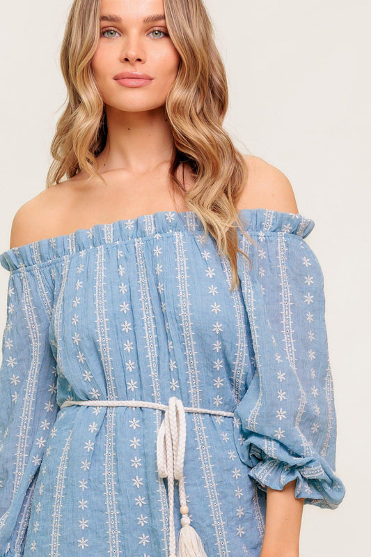 No More Cloudy Skies Woven Mini Dress in light denim, view 5 — Soul Flow Apparel