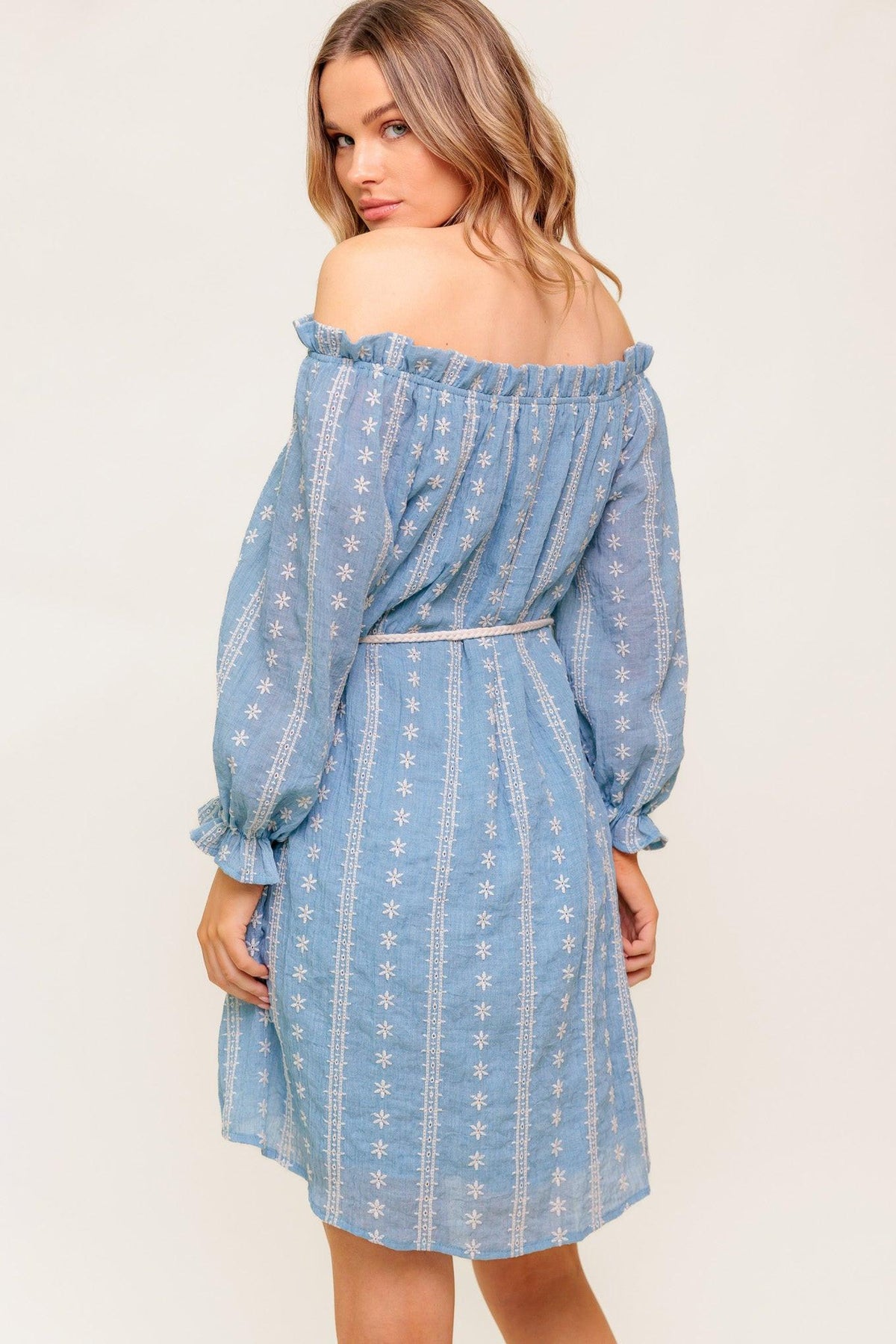 No More Cloudy Skies Woven Mini Dress in light denim, view 7 — Soul Flow Apparel