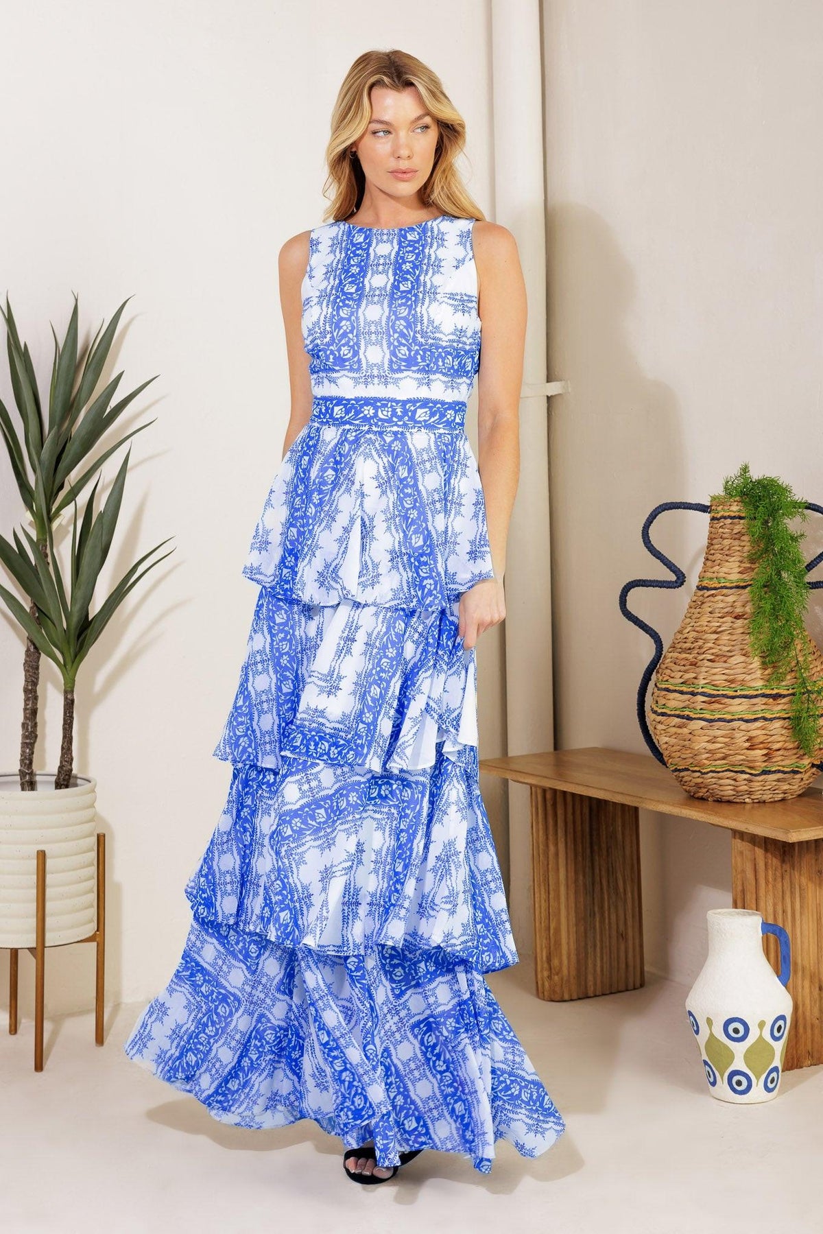 Dream of the Fleet Woven Maxi Dress in off-white blue, view 1 — Soul Flow Apparel