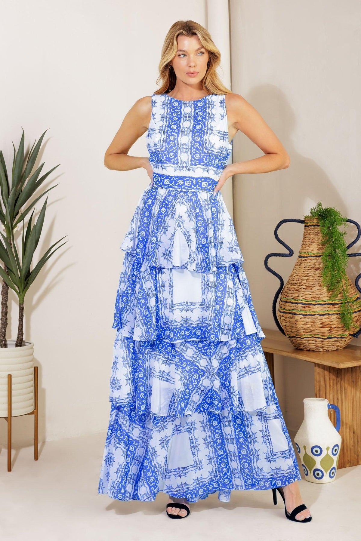 Dream of the Fleet Woven Maxi Dress in off-white blue, view 2 — Soul Flow Apparel