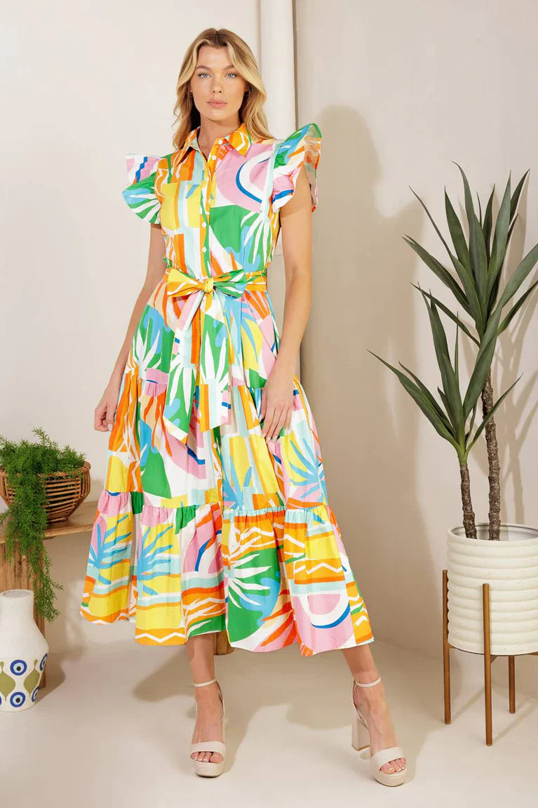 Too Much to Bear Woven Midi Dress in multi color, view 1 — Soul Flow Apparel