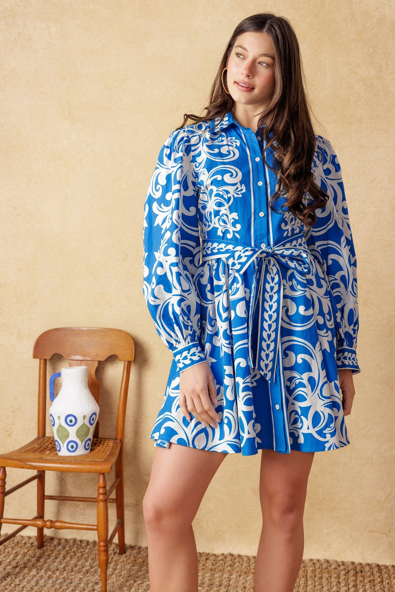 Moonstone Dreams Woven Mini Dress in blue white, view 4 — Soul Flow Apparel