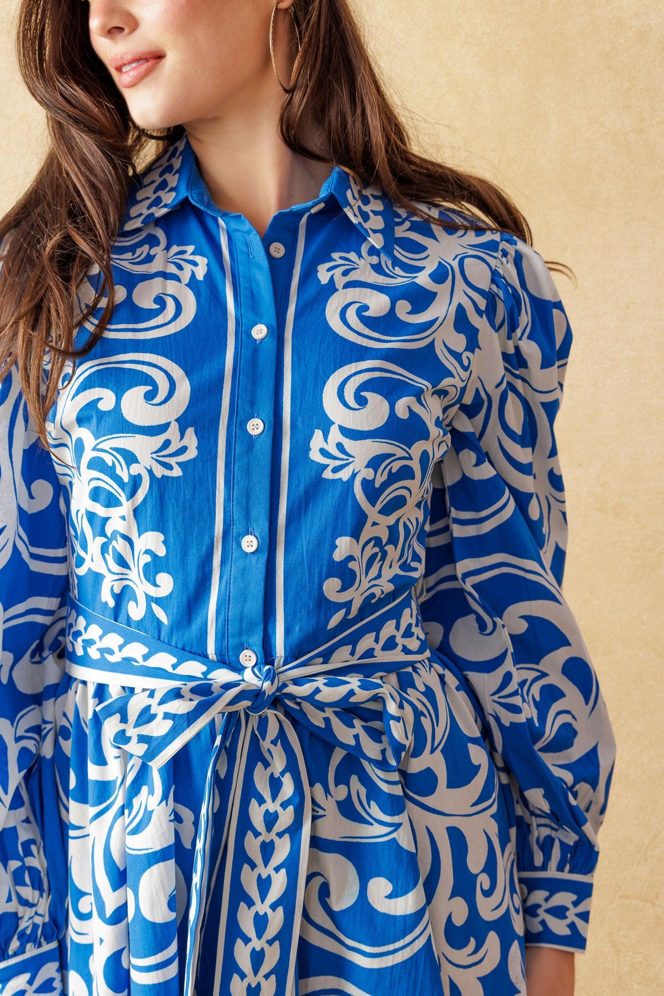 Moonstone Dreams Woven Mini Dress in blue white, view 6 — Soul Flow Apparel