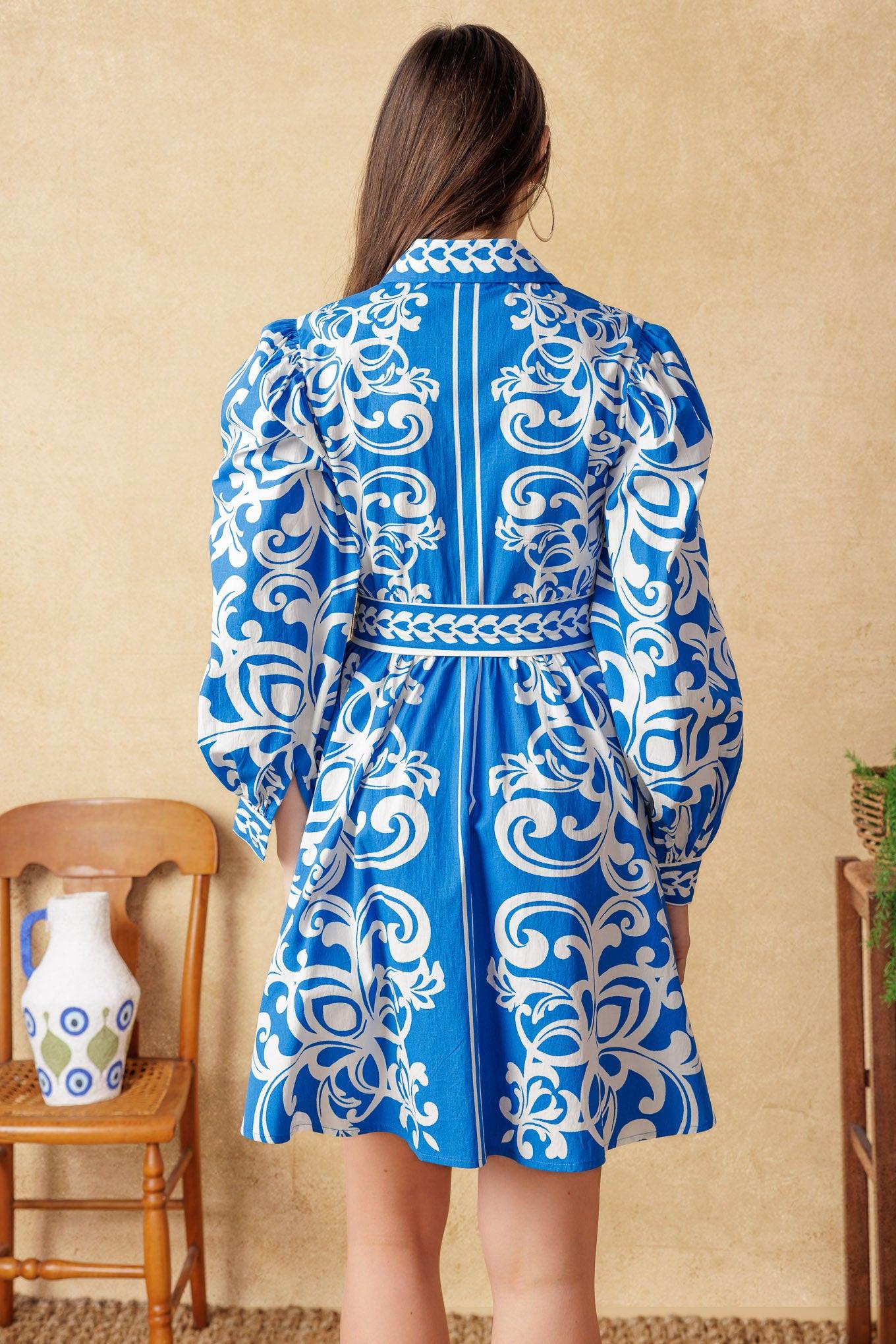 Moonstone Dreams Woven Mini Dress in blue white, view 7 — Soul Flow Apparel